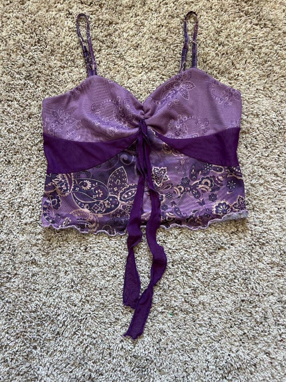Purple Paisley Crop Top Y2K 90s Med Sweetheart Neck Tie Front Bohemian Relaxed